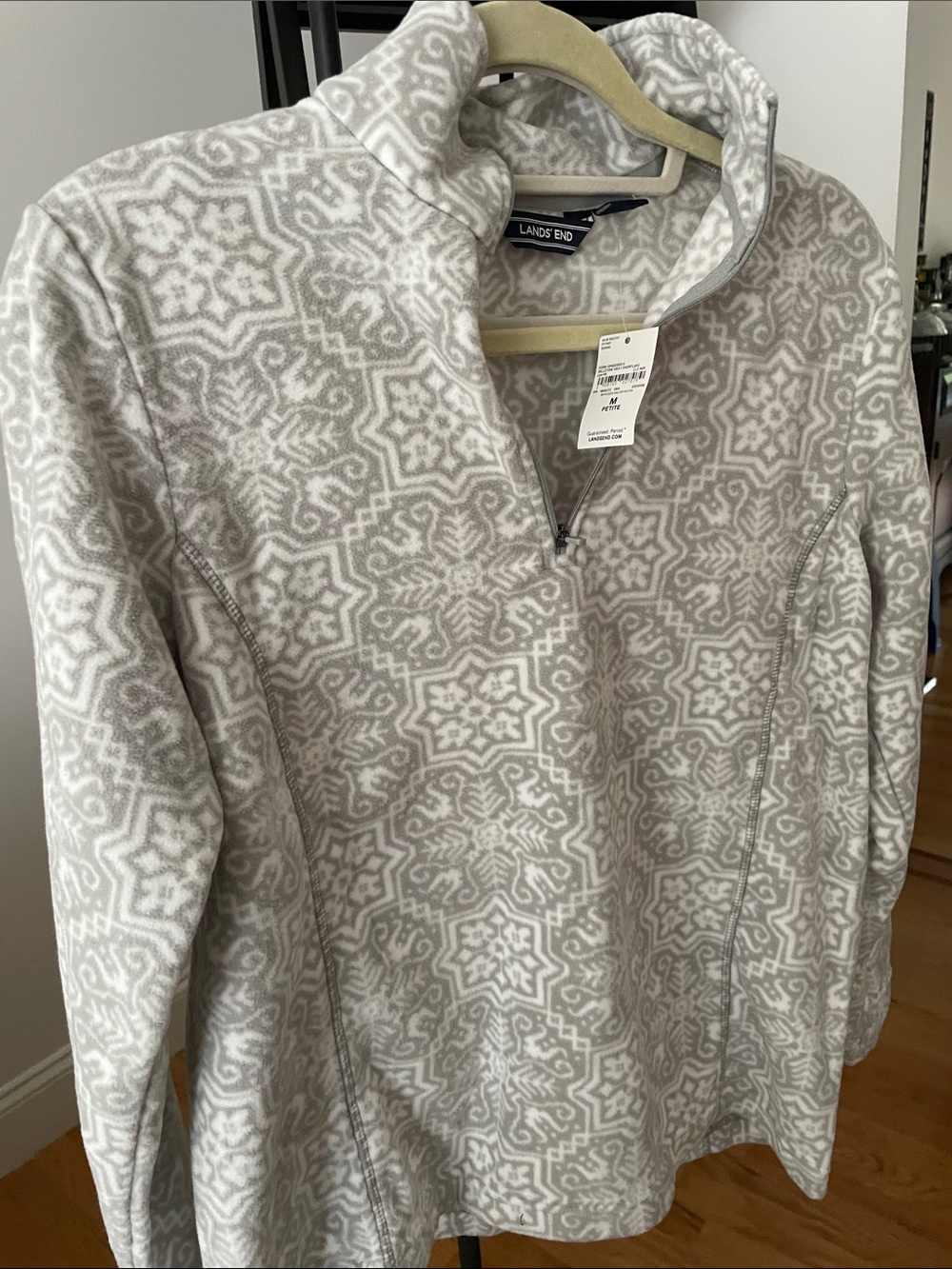 Lands' End Women's Light Gray & White Patterned Quarter-Zip Turtleneck Sweater